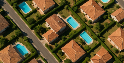 Vue aérienne d’un quartier résidentiel avec plusieurs maisons individuelles équipées de piscines, illustrant les potentielles omissions dans les bases fiscales locales.